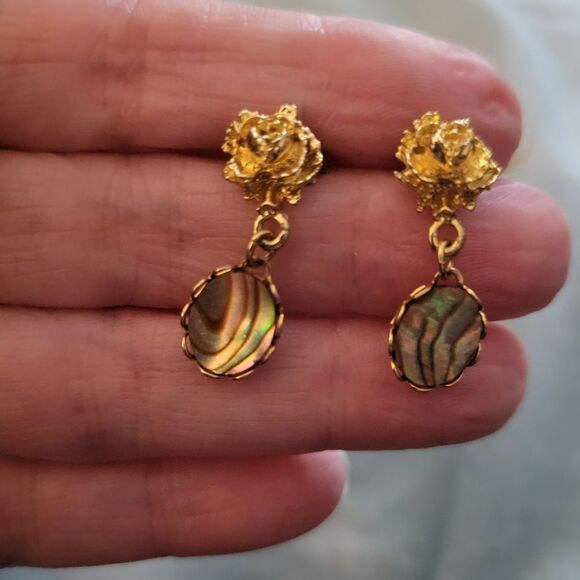 Gold Tone  and Green Abalone Drop Earrings - Picture 1 of 4